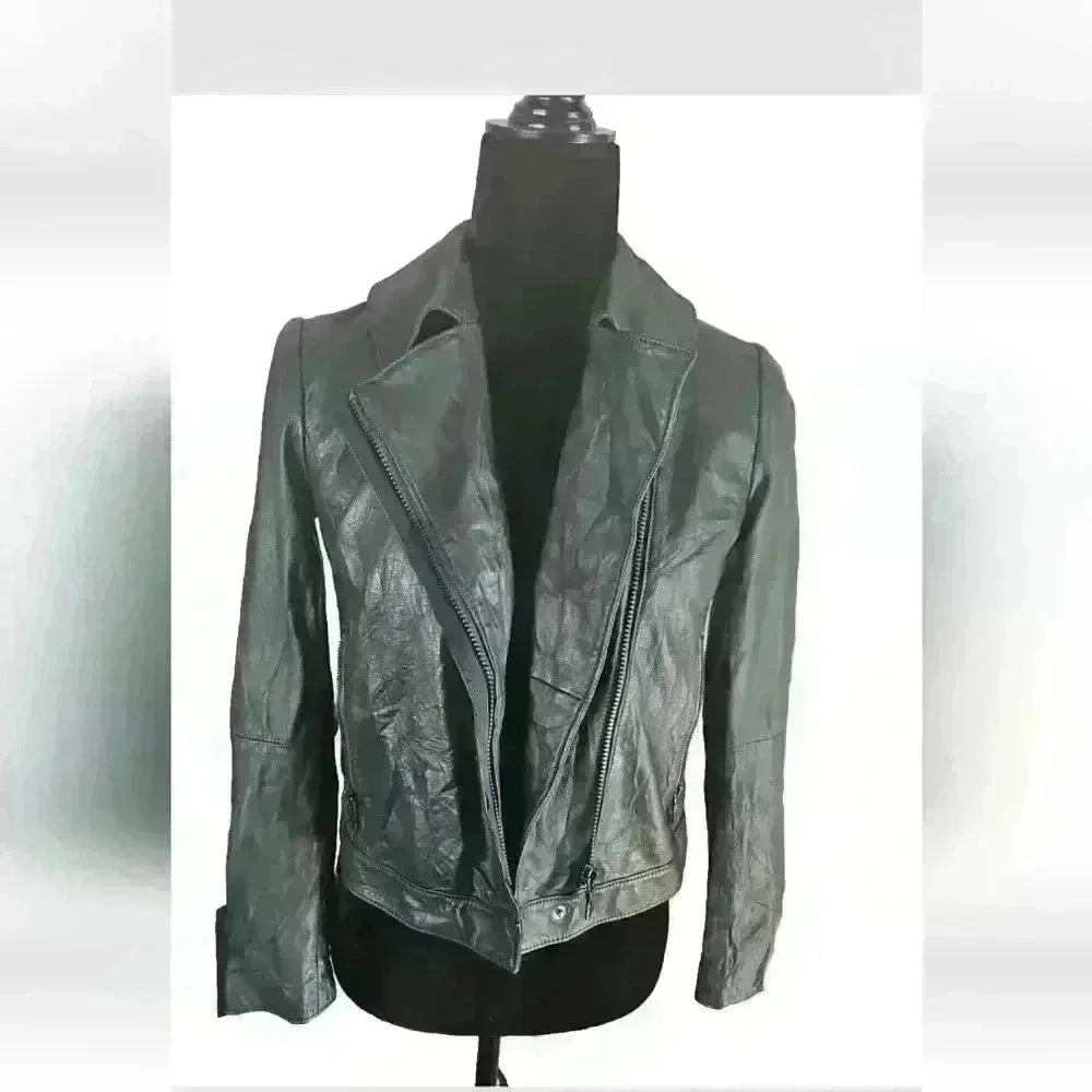 Tory Burch Womens Dark Green Harper Cropped Luxury Designer Moto Jacket 0 (XS-S)
